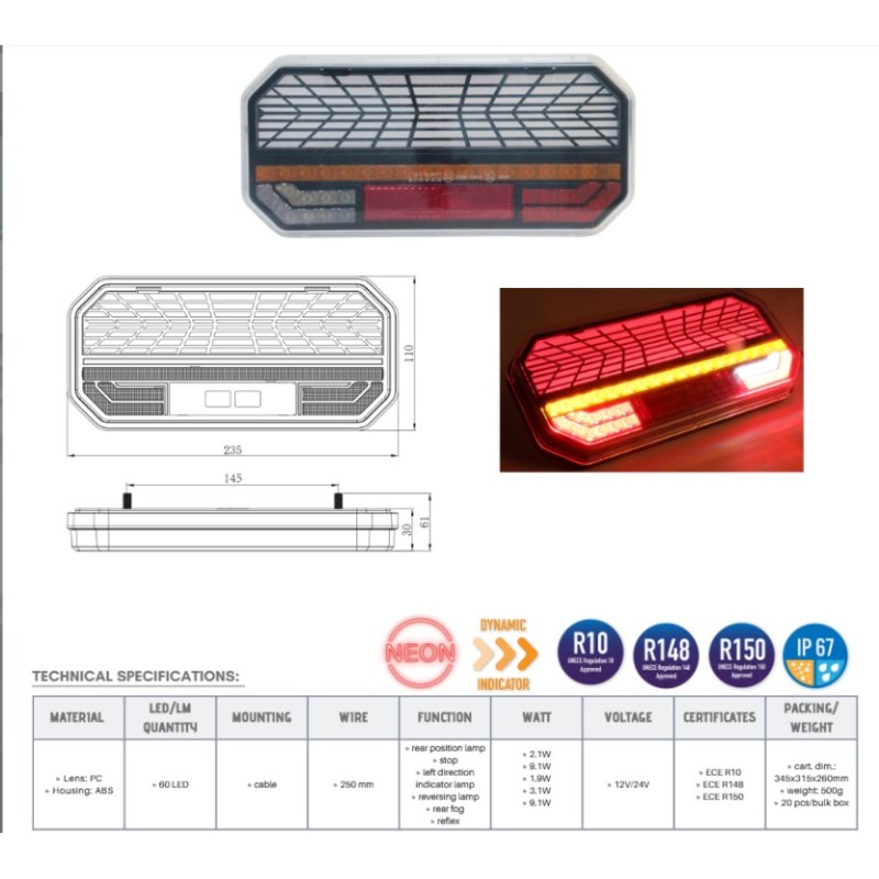 Žibintas LED 12/24v L2422 kairė