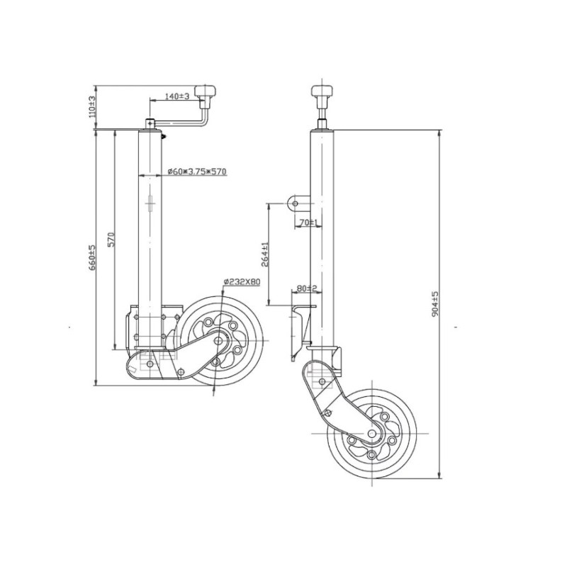 Ratukas atraminis 230x80 mm, ilgis 560 mm, 500 kg, su montavimo plokšte