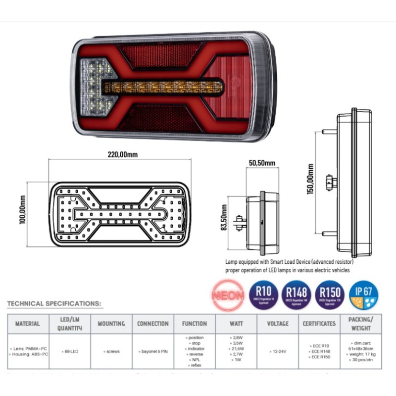 Žibintas LED 12/24v L2431 X-Spider 5pin kairė