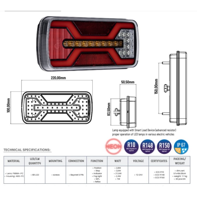 Žibintas LED 12/24v L2430 X-Spider 5pin kairė